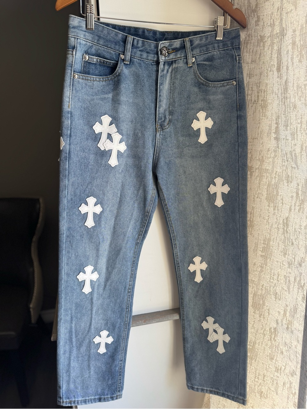 Chrome Hearts Style White Cross Patch Jeans